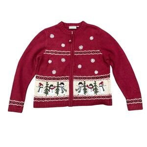 Croft & Barrow Petite M Winter‎ Snowman Snowflake Zip Up Cardigan Sweater Women
